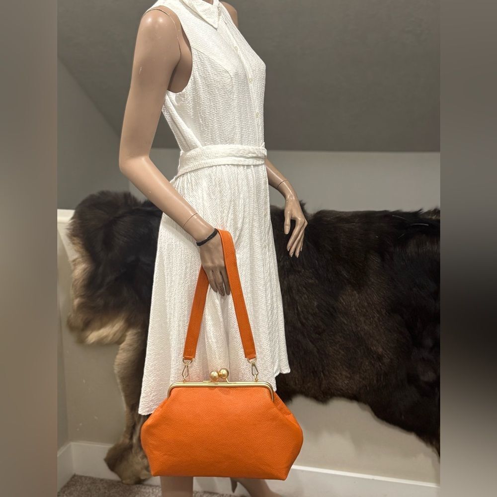 Orange Pebble Leather Handmade Vintage Style Extra Large Kisslock Frame Bag - Picture 10 of 16